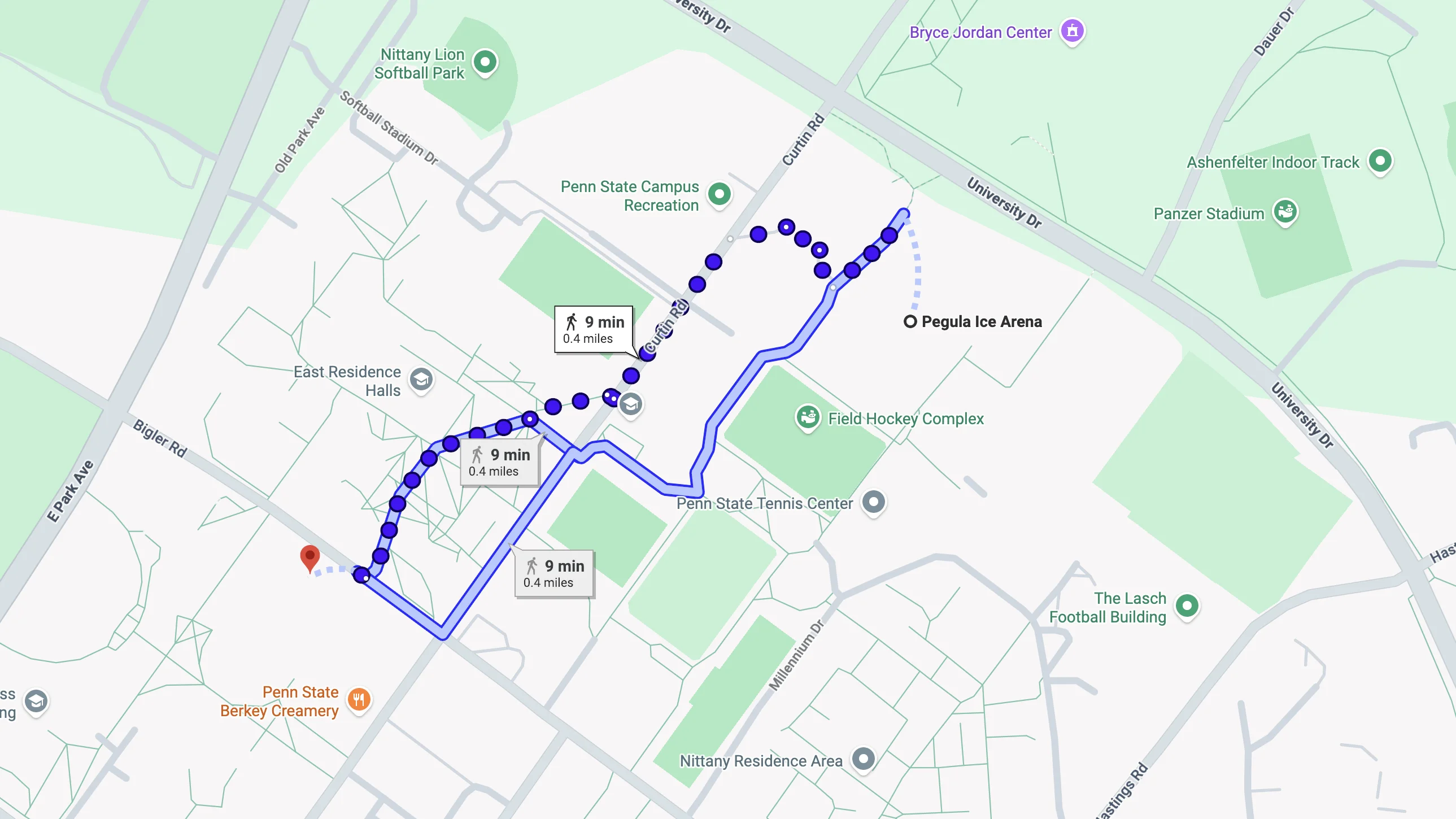Walking map to Pegula Ice Arena